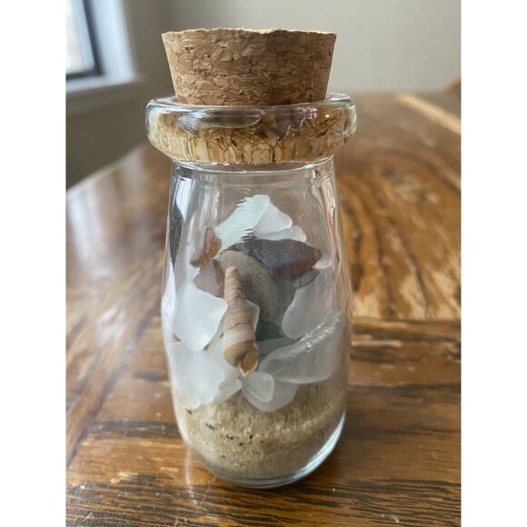 Decorative Glass Bottle With Cork Lid Filled With Sand Sea Glass & Mini Shells - Picture 2 of 6